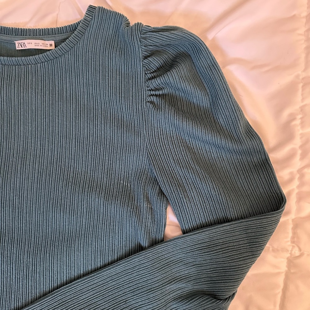 Zara Teal Long Sleeve Ribbed Tee - Picture 4 of 4
